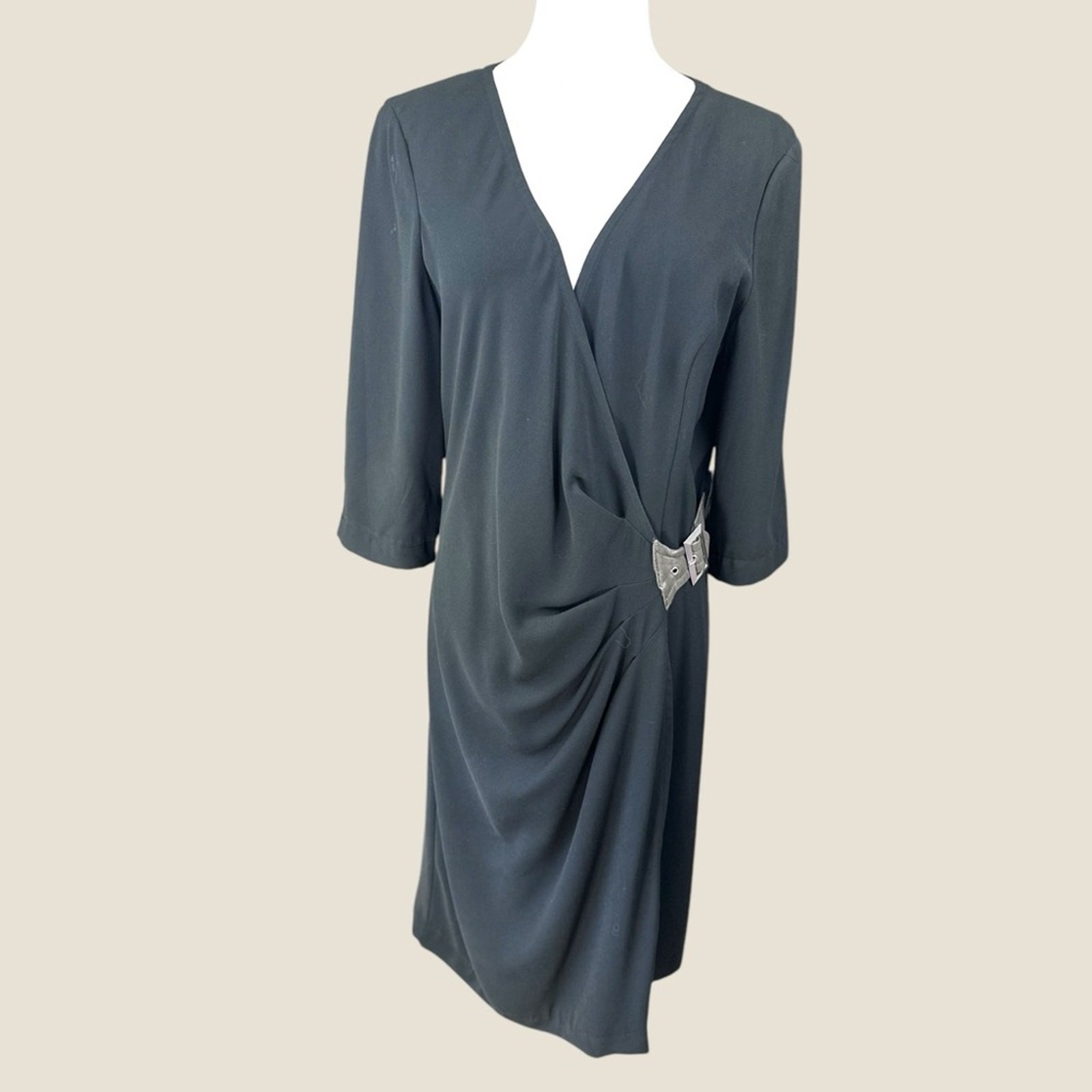 St. John Size 10 Black Wrap Dress With V-Neck And 3/4 Sleeves Buckle Ruching